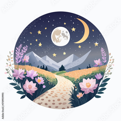 Whimsical Night Landscape with Path, Moon and Flowers