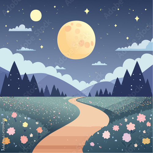 Whimsical Night Landscape with Path, Moon and Flowers