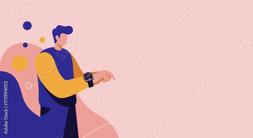 Modern man interacts with his smartwatch, symbolizing connectivity, digital lifestyle, and health monitoring. Ideal for technology, business, or wellness concepts.