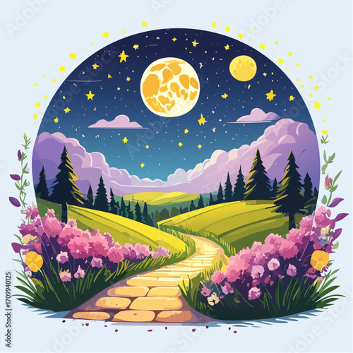 Whimsical Night Landscape with Path, Moon and Flowers