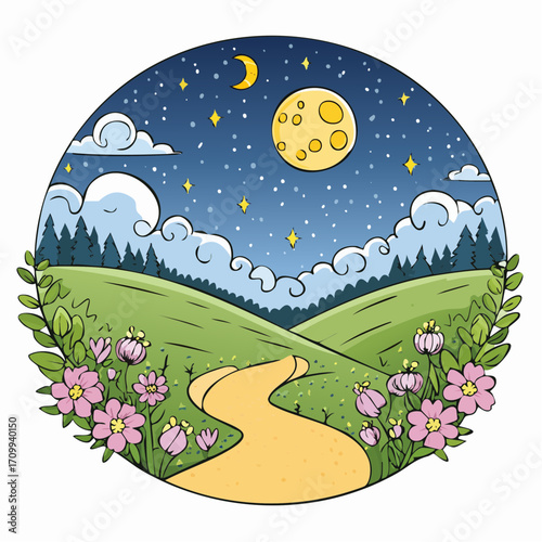 Whimsical Night Landscape with Path, Moon and Flowers