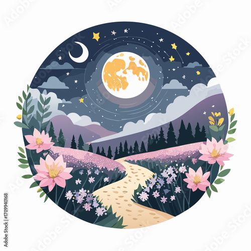 Whimsical Night Landscape with Path, Moon and Flowers
