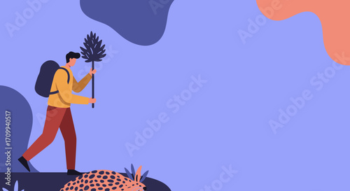 Adventurous person with a backpack exploring a vibrant, stylized natural landscape, holding a unique plant. Ideal for travel and discovery.
