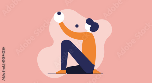 Modern woman focused on her tablet, working or learning remotely amidst stylish abstract botanical elements. Perfect for business, education, or lifestyle content.