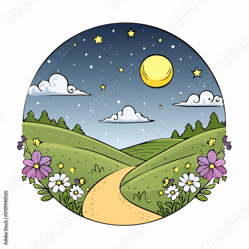 Whimsical Night Landscape with Path, Moon and Flowers