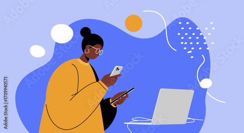 Person multitasking with two smartphones while a laptop sits nearby, illustrating modern digital connectivity, productivity, and tech-driven lifestyle.