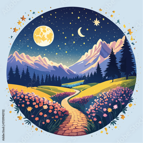 Whimsical Night Landscape with Path, Moon and Flowers