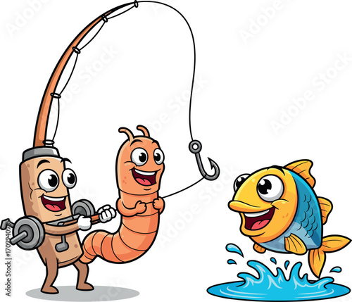 Cartoon fishing rod with worm bait and a happy fish jumping out of waterCartoon fishing rod with worm bait and a happy fish jumping out of water