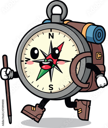 Cartoon compass character with backpack and walking stick on an adventure
