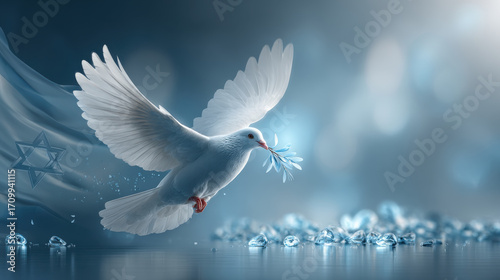 A white dove carrying an olive branch, a symbol of peace over Israel