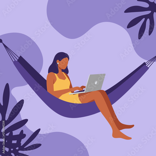 Modern illustration of a person working remotely on a laptop with books and a plant. Represents online learning, freelance, or productive home office lifestyle.