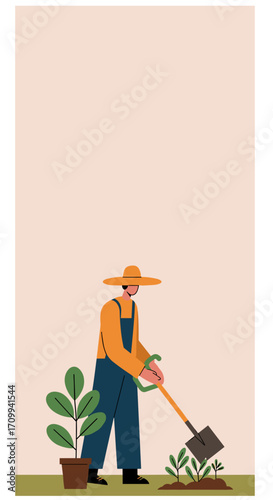 Woman working remotely on laptop with plant and bag. Represents productivity, online learning, digital nomad lifestyle, and flexible work.