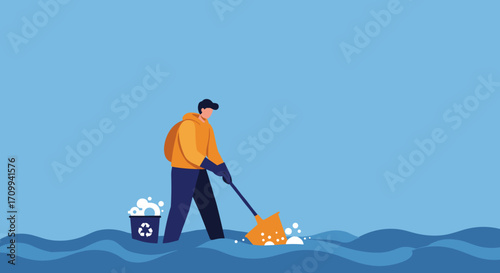 A minimalist illustration of a person with a backpack, walking and holding a jar. Ideal for concepts of travel, eco-friendly lifestyle, collecting, exploration, or daily journeys.