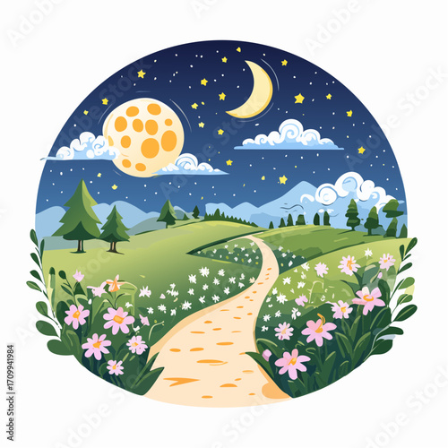 Whimsical Night Landscape with Path, Moon and Flowers