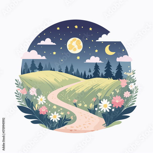 Whimsical Night Landscape with Path, Moon and Flowers