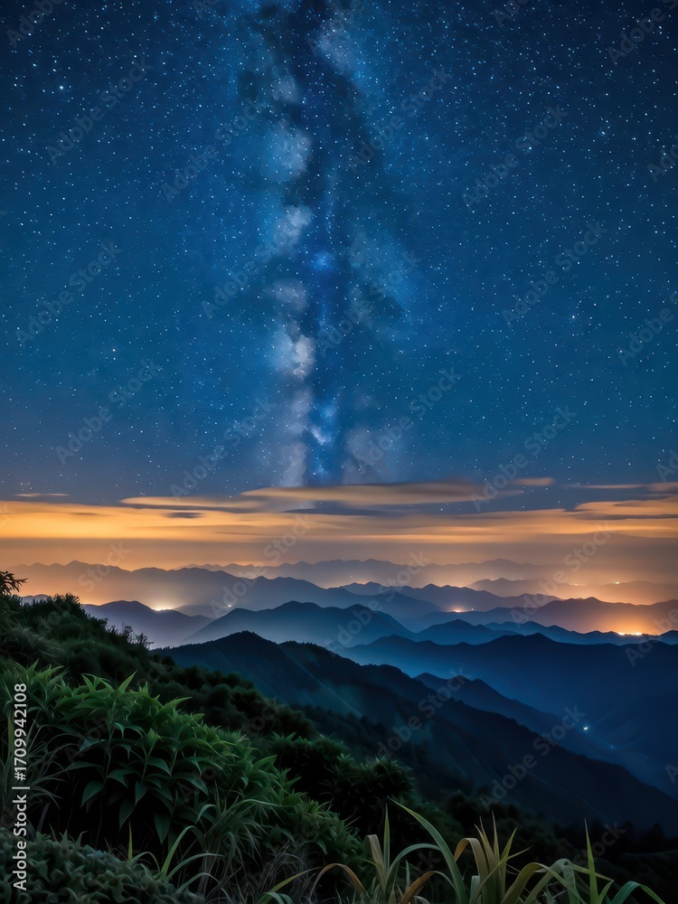 Fototapeta premium Stargazing adventure mountain range night sky scenic landscape aerial view cosmic beauty