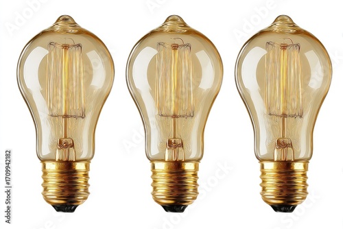 Three vintage-style light bulbs, facing forward, in a horizontal row against a white background.  Each bulb is a warm amber color, with a slightly rounded, pear shape and a visible filament. 