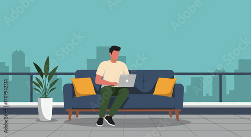 African American woman on a bean bag, comfortably using a laptop for remote work or online learning, embodying modern freelance and digital lifestyles.
