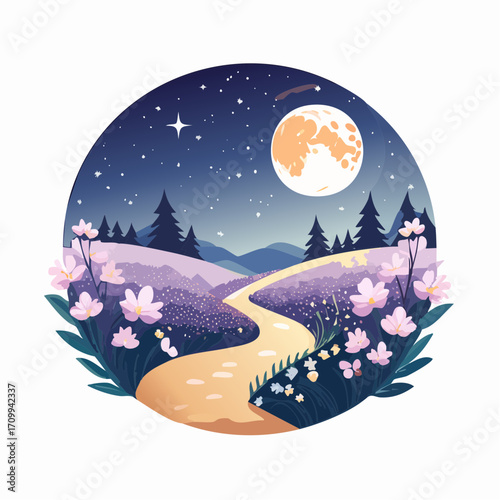 Whimsical Night Landscape with Path, Moon and Flowers