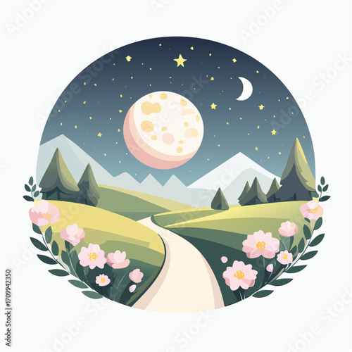 Whimsical Night Landscape with Path, Moon and Flowers