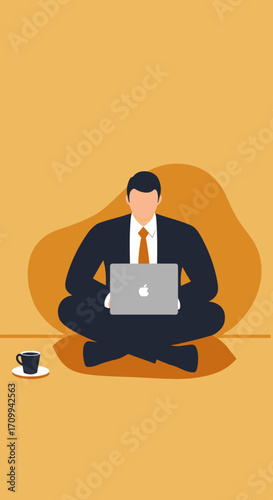 Focused businessman working remotely on his laptop, sitting cross-legged with coffee. Represents productivity, freelance, and flexible work life.