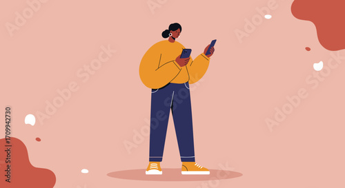 Modern woman multitasking with two smartphones, connecting, communicating, or managing her digital life. Ideal for technology, social media, and online engagement.