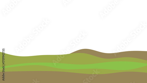 Stylized rolling green hills and earthy brown slopes under a clean white sky, ideal for nature-themed designs or growth concepts.