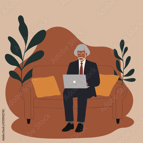 Modern person working remotely on a laptop from a comfortable armchair at home. Ideal for business, freelance, and lifestyle concepts.