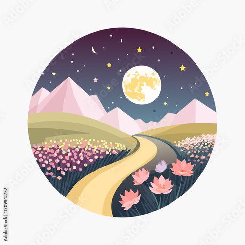 Whimsical Night Landscape with Path, Moon and Flowers