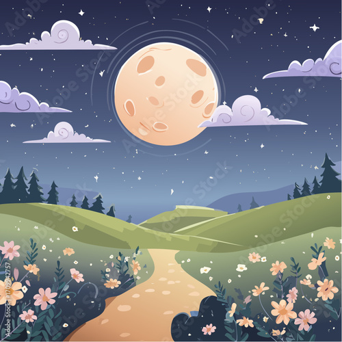 Whimsical Night Landscape with Path, Moon and Flowers