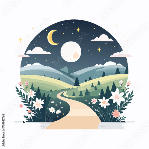 Whimsical Night Landscape with Path, Moon and Flowers