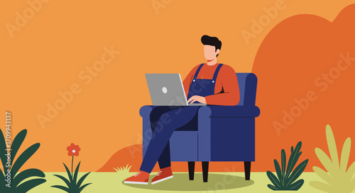 An illustration of a young man comfortably working with his laptop while seated in a cozy armchair amidst a vibrant, warm orange background with stylized plants.