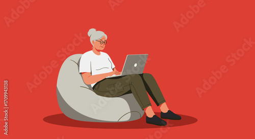 Man comfortably working remotely on a laptop in an armchair. Depicts flexible work, digital lifestyle, online learning, and casual productivity at home.