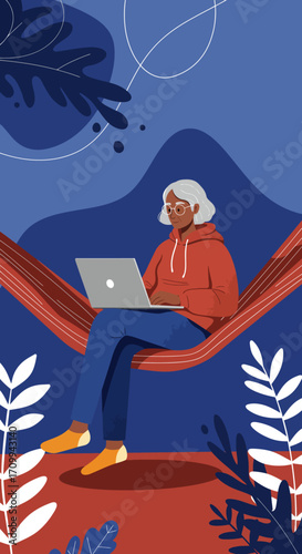 Senior woman relaxing in a hammock, working remotely on her laptop amidst a stylized nature setting. Represents modern leisure and work-life balance.