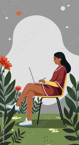 A focused young woman works diligently on her laptop outdoors, enjoying the fresh air and natural surroundings while staying productive and connected.