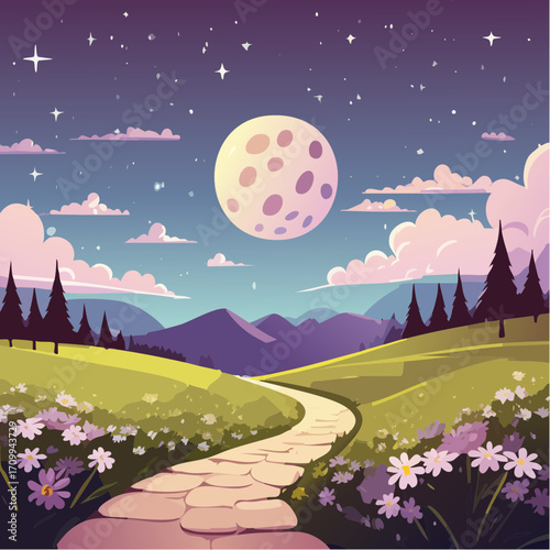 Whimsical Night Landscape with Path, Moon and Flowers