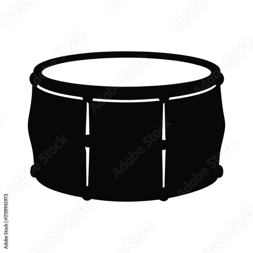 Isolated black and white snare drum illustration for musical instrument percussion design needs