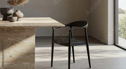 Sophisticated dining room interior with a black wishbone style wooden chair and travertine stone table in dramatic sunlight