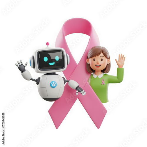 3d icon of robot and woman with pink ribbon isolated on transparent background, breast cancer