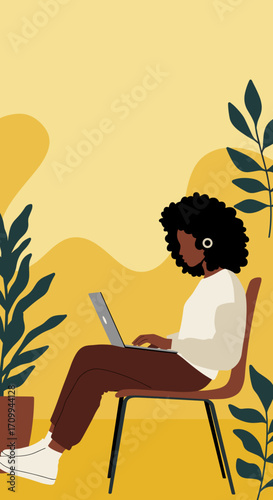 Illustrated person navigates a vibrant waterfall with a staff, symbolizing exploration, a challenging journey, and overcoming obstacles in nature or life. Great for travel and growth.
