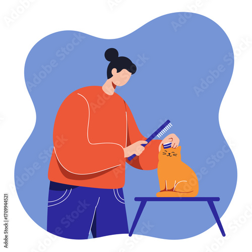 A caring individual gently combs their beloved orange cat, showcasing the tender bond and essential grooming routine within a pet owner's daily life.