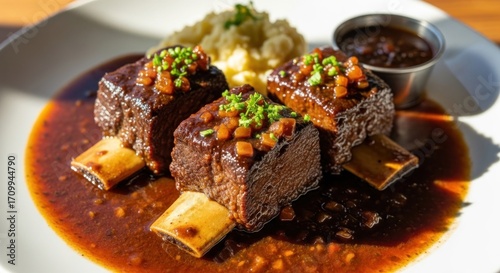 Three tender braised short ribs, glistening with a rich, dark sauce, served with creamy mashed potatoes and a side of dark brown gravy.  Garnished with fresh herbs