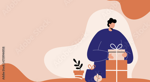 This vibrant illustration showcases a man diligently preparing multiple gift boxes, perfect for conveying themes of holidays, shopping, and thoughtful gestures.