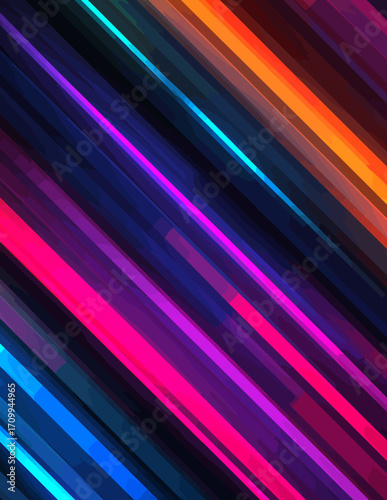 Ce fond abstrait présente des lignes diagonales lumineuses et colorées, créant une composition dynamique et moderne parfaite pour le design numérique.