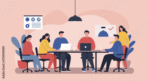 Professionals actively collaborate in a modern office setting, engaging in a productive business meeting to discuss strategies and achieve shared goals effectively.
