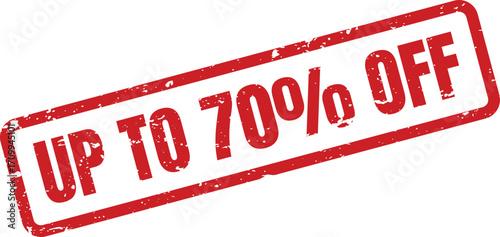 A red rectangular stamp announces a sale of up to 70 percent off