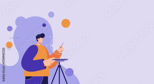 Young man interacting with a futuristic holographic display, symbolizing innovation, data analysis, and technology-driven solutions in a modern digital workspace.