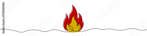 Flame of fire in one line art style. Flame drawing with color fill and black stroke. Vector illustration.