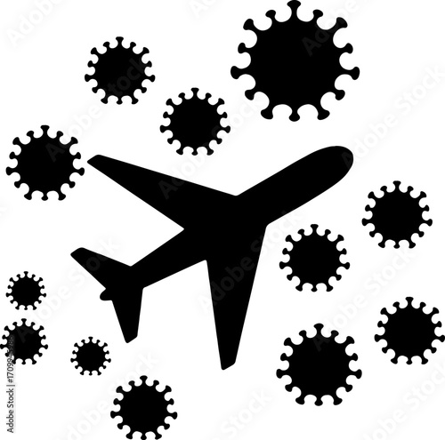 Airplane Surrounded by Virus Cells - Travel Ban Concept Vector with white background 