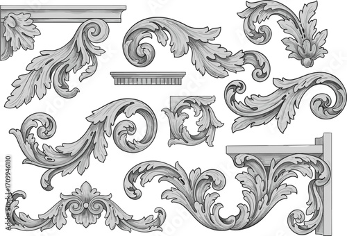 Baroque architectural ornaments vector set, vintage carved scrolls, classical floral corner elements, luxury wood carving, antique decorative flourishes, molding